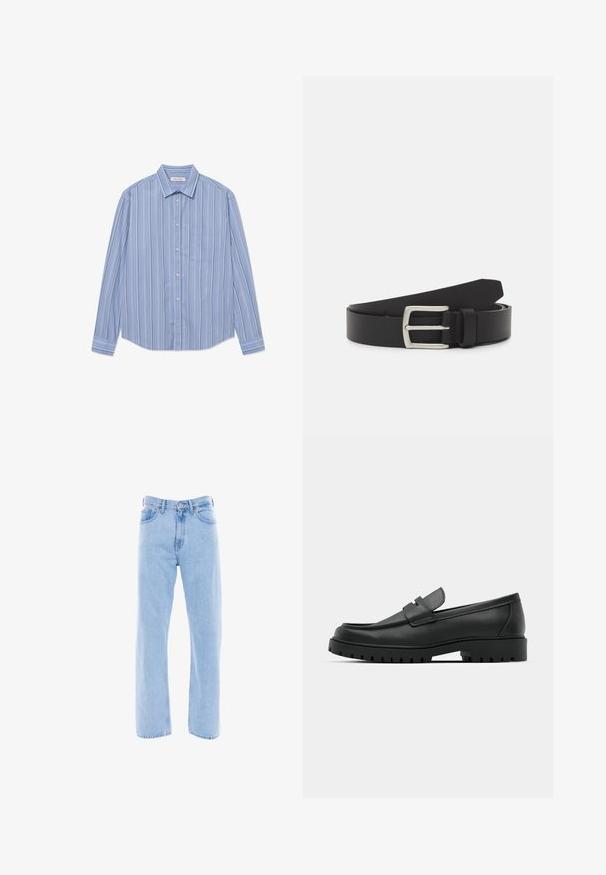 Camisa de botones de manga larga en color azul claro con rayas verticales. Presenta un collar puntiagudo y un bolsillo en el pecho. Está hecha de una tela suave.; Jeans de denim de color azul claro con corte recto, cintura alta, bolsillos frontales y detalles de costura clásica en las costuras y la cinturilla.; Mocasines de cuero negro con punta redonda, que cuentan con un diseño cosido, suela de plataforma baja y una suela de goma texturada y con tacos.; Cinturón de cuero negro con hebilla de metal plateado. Presenta una textura suave y un diseño clásico con una sola punta.