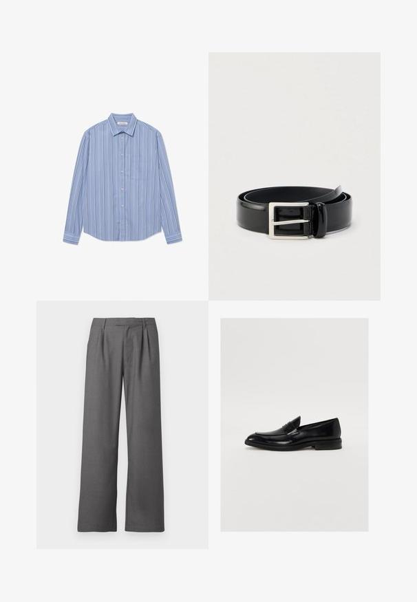Camisa de botones de manga larga en color azul claro con rayas verticales. Presenta un collar puntiagudo y un bolsillo en el pecho. Está hecha de una tela suave.; Pantalones de pierna ancha grises hechos de una tela suave, con un frente plisado, bolsillos laterales y una cintura entallada con cinturones.; Mocasín de cuero negro con puntera redondeada, costuras sutiles y un acabado suave. Presenta un tacón bajo apilado y una correa sobre el empeine.; Cinturón enrollado de cuero negro brillante con una hebilla metálica rectangular plateada sobre un fondo claro y liso.
