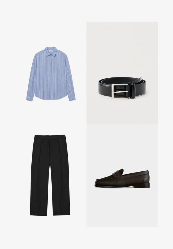 Camisa de botones de manga larga en color azul claro con rayas verticales. Presenta un collar puntiagudo y un bolsillo en el pecho. Está hecha de una tela suave.; Pantalones negros de pierna recta, con pliegues, bolsillos laterales y una pretina plana. Fabricados con una tela suave de acabado mate.; Mocasín de cuero negro con tacón bajo, puntera redondeada y detalle de tira en la parte delantera, visto de lado sobre un fondo liso.; Cinturón enrollado de cuero negro brillante con una hebilla metálica rectangular plateada sobre un fondo claro y liso.