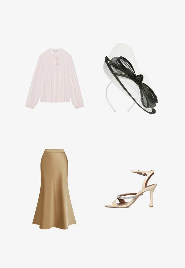 Blusa de manga larga rosa claro con cuello en forma de llave, lazo al cuello, parte delantera con pliegues y puños fruncidos. Tejido suave, corte relajado y diseño minimalista.; Una falda fluida hasta la rodilla en un tejido beige mate, con una cinturilla ajustada y un dobladillo ligeramente acampanado para mayor movimiento.; Sandalia beige de tacón alto con tira en el tobillo y adorno de pedrería en la tira delantera, punta abierta y talón de aguja fino.; Sombrero fascinator blanco con ribete negro, lazo negro y red blanca adjunta en una diadema.