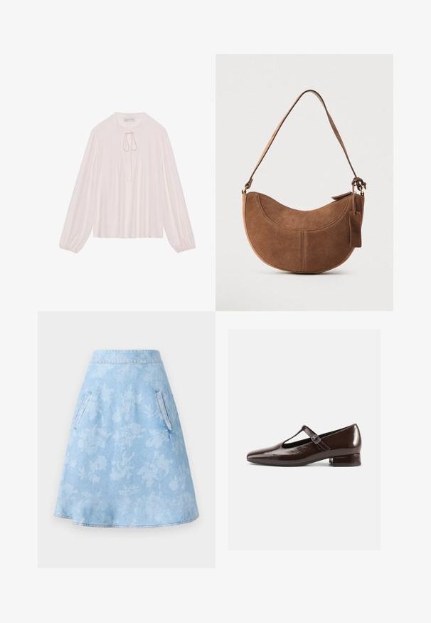 Blusa de manga larga rosa claro con cuello en forma de llave, lazo al cuello, parte delantera con pliegues y puños fruncidos. Tejido suave, corte relajado y diseño minimalista.; Falda de mezclilla en línea A de color azul claro con un sutil patrón floral, que cuenta con dos bolsillos laterales y un acabado liso con dobladillo.; Zapatos Mary Jane de charol marrón con punta redondeada, diseño recortado y una correa ajustable. Tacón bajo y ancho.; Bolso de ante marrón con forma curva de media luna. Cuenta con una correa para el hombro, una pequeña etiqueta y costuras visibles a lo largo de los bordes.
