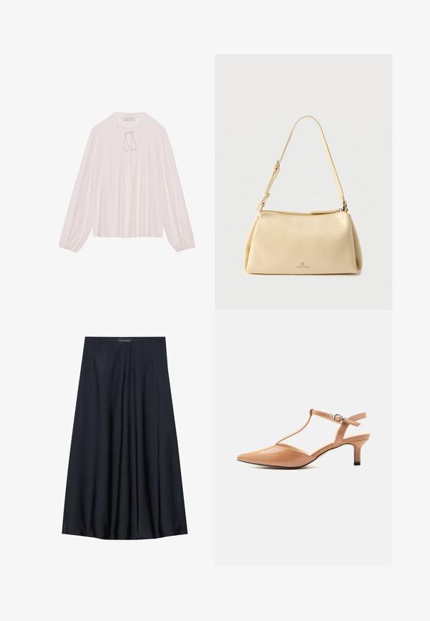 Lichtroze blouse met lange mouwen, een keyhole halslijn met strik, geplooide voorkant en bijeengebonden manchetten. Glad materiaal, losse pasvorm en minimalistisch ontwerp.; Zwarte, knielange rok van lichtgewicht stof met een vloeiende uitstraling. Kenmerkt zich door een gladde textuur en subtiele plooien voor extra detail.; Beige lakleren kittenheel schoen met puntige neus, T-bandje en verstelbare gesp op een witte achtergrond.; Beige rechthoekige schoudertas met verstelbare riem en ritssluiting, met een klein "Anna Field" logo middenvoor.