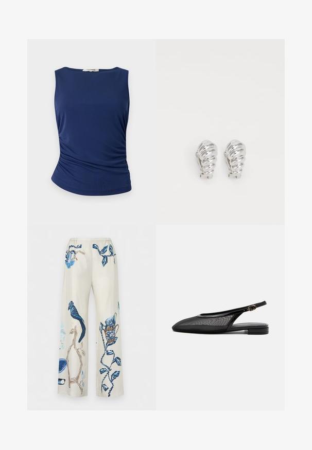 Haut sans manches bleu marine en tissu lisse et extensible. Présente des détails froncés sur les côtés et un ourlet arrondi pour une silhouette ajustée.; Pantalon beige à jambes larges avec des imprimés botaniques et d’oiseaux bleus, avec des feuilles et des branches détaillées et un oiseau perché sur une branche.; Chaussure plate noire à bride arrière, bout pointu, tige en mesh, bride à boucle réglable et petit talon empilé sur fond blanc.; Boucles d'oreilles en clip argentées avec un design en spirale, présentant une texture métallique lisse et des formes arrondies. Pas d'embellissements ou de motifs visibles.