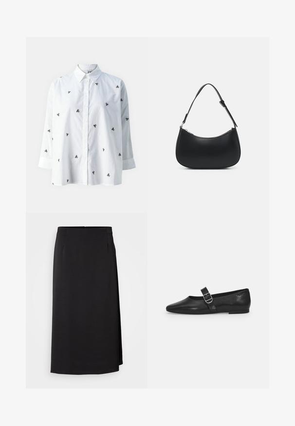 ONLY ONLNEW LINA GRACE LS EMB SHIRT NOOS WVN - Overhemdblouse - bright white/black; Zwarte, knie-lange rok van gestructureerde stof, met een ritsluiting en subtiele plooien bij de taille voor een mooie vorm.; Zwarte leren platte schoen met een ronde neus, een enkele verstelbare gespsluiting en een gladde, glanzende textuur. Minimalistisch ontwerp met een lage hak.; Pieces PCALUANA SHOULDER BAG - Handtas - black