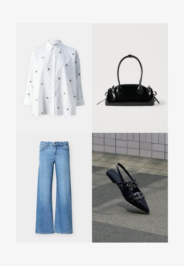 ONLY ONLNEW LINA GRACE LS EMB SHIRT NOOS WVN - Overhemdblouse - bright white/black; Lichtblauwe denim jeans met een hoge taille, knoop- en ritssluiting, voorzakken en wijde pijpen.; Zwarte sandaal met platte zool en spitse neus, voorzien van meerdere gespsluitingen en een slingback, geplaatst boven een verhard oppervlak en een tegelmuur op de achtergrond.; Kleine zwarte glanzende handtas met twee lange hengsels en zijkant trekkoord details op een effen lichte achtergrond.