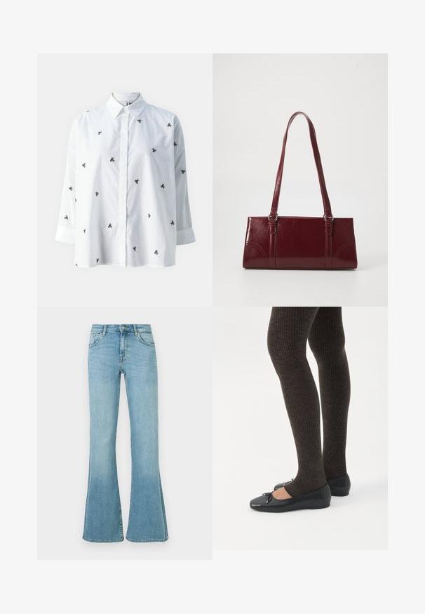 ONLY ONLNEW LINA GRACE LS EMB SHIRT NOOS WVN - Blusa - bright white/black; Vaqueros de mezclilla azul claro con cintura alta, cierre frontal con botón y cremallera, bolsillos delanteros y traseros, y piernas acampanadas.; Piernas con leggings oscuros acanalados combinados con bailarinas negras que presentan pequeños detalles de lazo sobre un fondo blanco.; Bolso burdeos hecho de material brillante, de forma rectangular, con dos asas para el hombro y sutiles acentos curvados en la parte frontal.