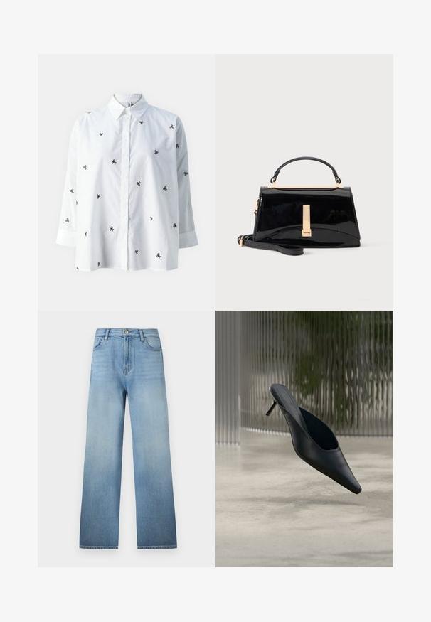 ONLY ONLNEW LINA GRACE LS EMB SHIRT NOOS WVN - Skjortebluser - bright white/black; Lyseblå jeans med lige ben, fem-lomme-design, bæltestropper, knaplukning og diskret falmning fra talje til kant.; Sort mule sko med spids tå og tynd høj hæl, der svæver over en glat beton gulv med en sløret baggrund med lodrette striber.; Blank sort håndtaske med tophåndtag, gyldent spænde og aftagelig skulderrem på ensartet lys baggrund.