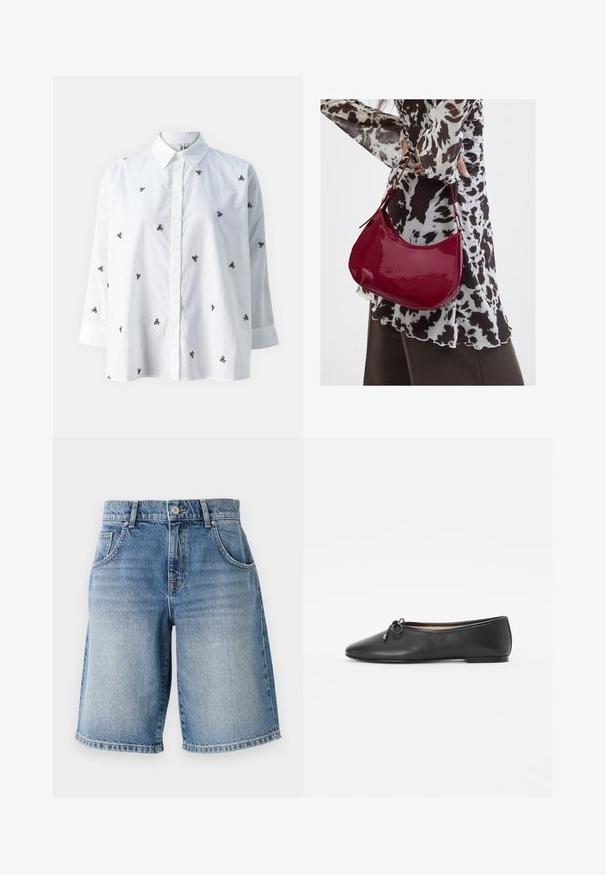 ONLY ONLNEW LINA GRACE LS EMB SHIRT NOOS WVN - Nööpidega pluus - bright white/black; Heledad shorts helesin sinises, sirge lõikega, viie tasku ja pronksist võtmetega. Omab narmendavat äärt ja pleekinud pesu tekstuuri.; Must have musti balletkingad, millel on ümar varvas ja dekoratiivne lipsu detail. Kujunduses on sile tekstuur ja madal, tasane konts.; Naine, kes kannab must-valget mustriga pluusi ja hoiab läikivat punast õlakotti ühevärvilise tausta ees.