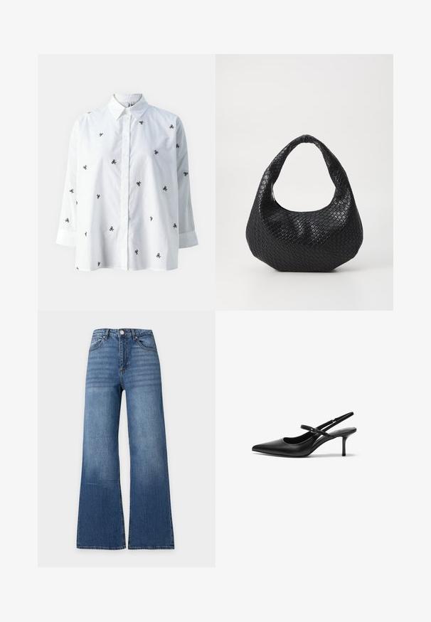 ONLY ONLNEW LINA GRACE LS EMB SHIRT NOOS WVN - Blusa - bright white/black; Vaqueros azules de talle alto con perneras anchas, botón frontal, cremallera y diseño clásico de cinco bolsillos sobre un fondo liso claro.; Zapatos de tacón slingback de cuero negro con punta afilada, correa ajustable delgada y un tacón de aguja de aproximadamente 5 cm, textura suave.; Bolso de mano tejido en negro con un asa curvada, que presenta una superficie texturizada y una forma holgada. Acabado suave con una silueta orgánica.