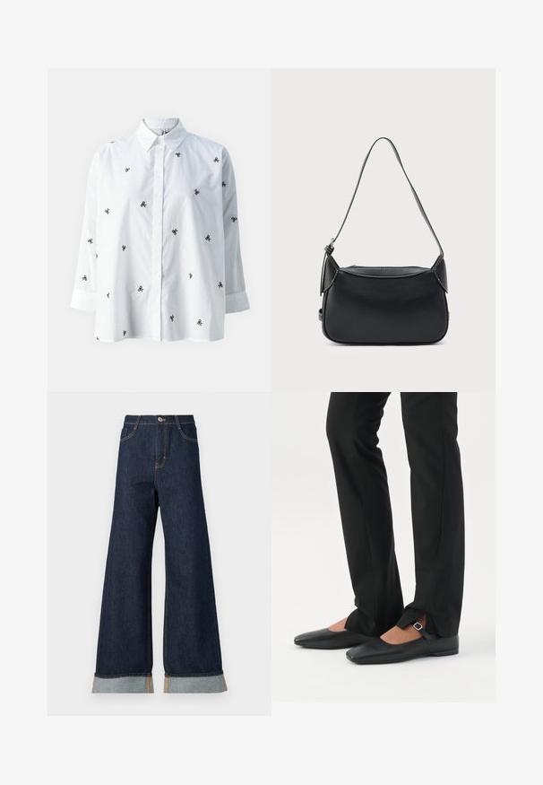 ONLY ONLNEW LINA GRACE LS EMB SHIRT NOOS WVN - Overhemdblouse - bright white/black; Brede broekspijpen in donkerdenim met oranje stiksel, met een hoge taille, twee voorzakken en omgeslagen manchetten die een lichtblauwe contraststof laten zien.; Benen met zwarte smalle broek met voorsplitten aan de zoom, gecombineerd met zwarte platte Mary Jane-schoenen met een klein gespje.; Zwarte leren schoudertas met een glad oppervlak, afgeronde vorm en een dunne band. Voorzien van een ritssluiting en minimale metalen accenten.