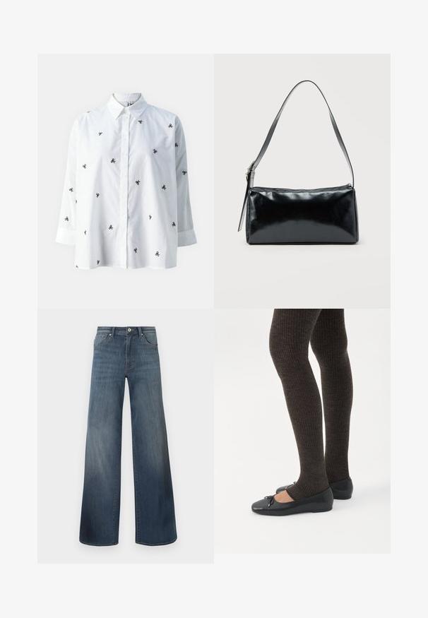 ONLY ONLNEW LINA GRACE LS EMB SHIRT NOOS WVN - Overhemdblouse - bright white/black; Brede denims met wijde pijpen in donkerblauw, met een verwasde afwerking, knoopsluiting en vijf-pocketstijl. Gladde textuur, minimale stikseldetails.; Benen met donkere geribbelde leggings gecombineerd met zwarte ballerina's met kleine strikdetails op een witte achtergrond.; Zwarte rechthoekige schoudertas met een enkele verstelbare band en een bovenste ritssluiting op een effen achtergrond.