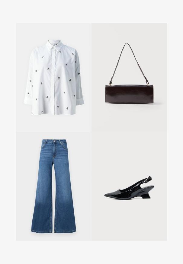 ONLY ONLNEW LINA GRACE LS EMB SHIRT NOOS WVN - Nööpidega pluus - bright white/black; Laiad sinised teksad, mis on valmistatud denimist, kõrge vöökoht, eesmine taskud ja puhas äär. Pole nähtavaid mustreid või kaunistusi.; Mustast lakknahast slingback king, millel on terav nina ja madal kalle plokktald, ühtlase heleda taustaga.; Ristkülikukujuline must nahast käekott ühe pika rihmaga ja läikiva viimistlusega, asetatud valgele taustale.