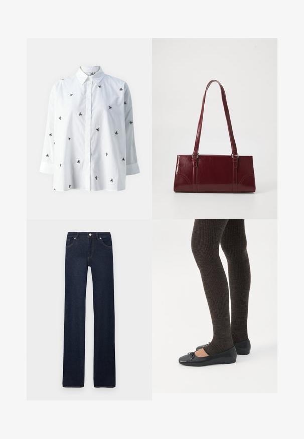 ONLY ONLNEW LINA GRACE LS EMB SHIRT NOOS WVN - Overhemdblouse - bright white/black; Donkerblauwe jeans met rechte pijpen, voorzakken, riemlussen, metalen knoop en stiksel details op een effen witte achtergrond.; Benen met donkere geribbelde leggings gecombineerd met zwarte ballerina's met kleine strikdetails op een witte achtergrond.; Bourgondische handtas van glanzend materiaal, rechthoekige vorm, met twee schouderbanden en subtiele gebogen accenten aan de voorkant.