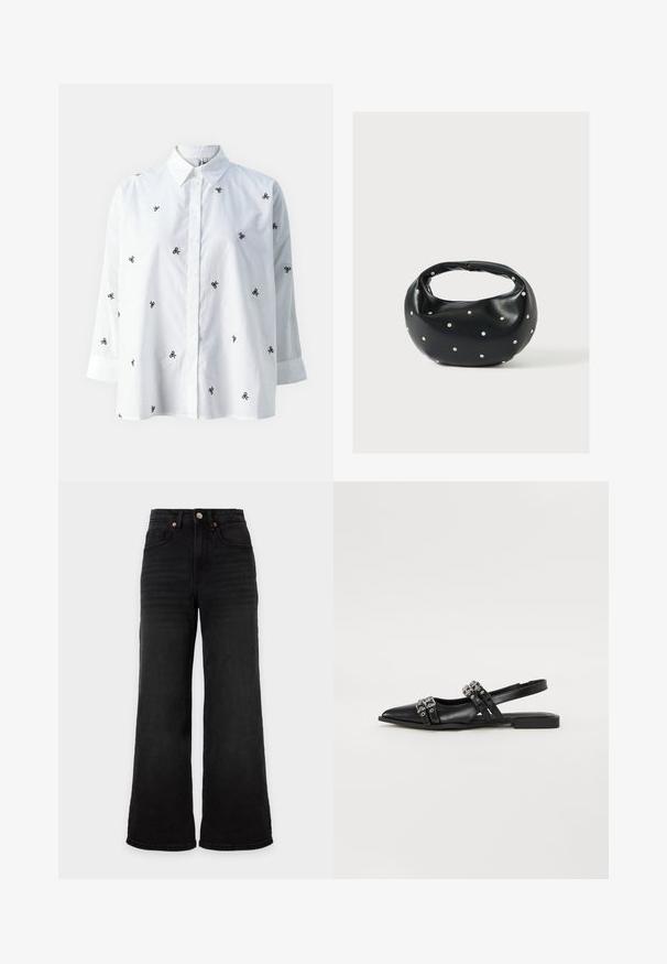 ONLY ONLNEW LINA GRACE LS EMB SHIRT NOOS WVN - Skjortebluser - bright white/black; Sort højttaljede jeans med brede ben, forlommer og knaplukning på en ensfarvet lys baggrund.; Even&Odd Slingback-ballerinasko - black; Sort læderhåndtaske med en rundet form, dekoreret med sølvnitter, og et kort håndtag. Glat tekstur og lynlåslukning.