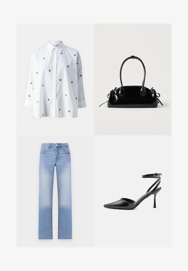 ONLY ONLNEW LINA GRACE LS EMB SHIRT NOOS WVN - Nööpidega pluus - bright white/black; Heledad sinine teksapüksid sirge jala disainiga, mis on varustatud alumises osas degradeeritud pesuga ning klassikalise viie tasku stiiliga.; Mustad terava otsaga kõrged kontsakingad peente pahkluu rihmade ja hõbedase pandlaga ühevärvilise heleda taustal.; Väike must läikiv käekott kahe pika sangaga ja külgedel paelakinnitustega, ühel lihtsal helel taustal.