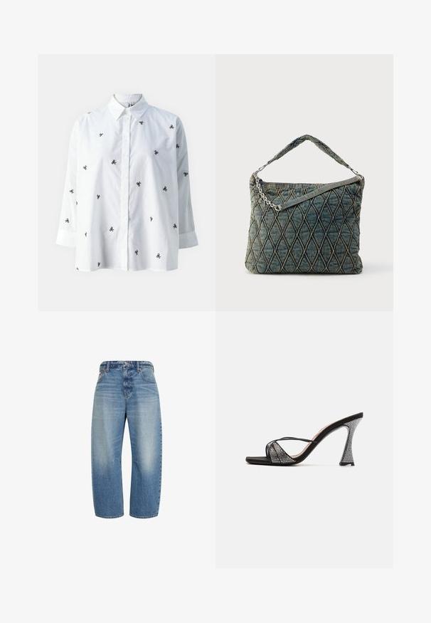 ONLY ONLNEW LINA GRACE LS EMB SHIRT NOOS WVN - Chemisier - bright white/black; Jean bleu taille haute à jambes larges avec poches avant, fermeture par bouton et zip, montrant des détails délavés sur les cuisses.; Sandales à talons hauts noires avec un dessus texturé ornées de strass brillants, de fines lanières et d'un design de talon géométrique distinctif.; Sac à bandoulière en denim matelassé bleu foncé, avec une poignée en chaîne et un motif discret en losanges avec des coutures contrastantes.