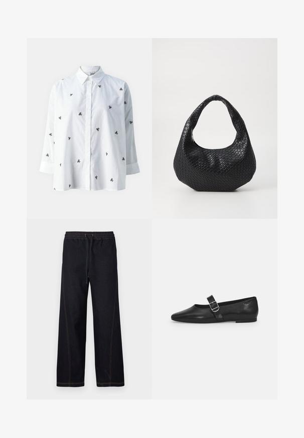 ONLY ONLNEW LINA GRACE LS EMB SHIRT NOOS WVN - Skjortebluser - bright white/black; Mørke denimbukser med vidde ben med elastik i taljen og snøre, kontrasterende orange syninger samt lige og rene linjer.; Sorte læder flade sko med rund tå, et enkelt justerbart spænde og en glat, blank overflade. Minimalistisk design med en lav hæl.; Sort flettet håndtaske med et buet håndtag, der har en struktureret overflade og en afslappet form. Glat finish med en organisk silhuet.