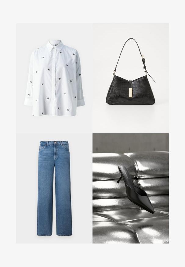 ONLY ONLNEW LINA GRACE LS EMB SHIRT NOOS WVN - Blusa - bright white/black; Jeans de mezclilla de tiro alto en azul claro y perneras anchas, con cremallera oculta y cierre de botón, y costura distintiva en los bolsillos frontales.; Mula negra con punta puntiaguda y tacón delgado, colocada sobre una superficie brillante, metálica y capitoné plateada.; Bolso negro en material imitación cocodrilo, con forma triangular, correa de hombro delgada y un acento de hardware en tono dorado en el centro.