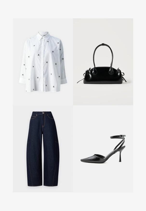 ONLY ONLNEW LINA GRACE LS EMB SHIRT NOOS WVN - Overhemdblouse - bright white/black; Brede donkerblauwe denim broek met contrasterende oranje stiksels, vijf zakken en een knoop- en ritssluiting aan de taille.; Zwarte pumps met puntige neus, dunne enkelbandjes en een zilveren gesp op een effen lichte achtergrond.; Kleine zwarte glanzende handtas met twee lange hengsels en zijkant trekkoord details op een effen lichte achtergrond.
