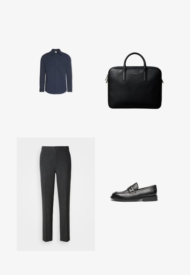 Navyblauw hemd met lange mouwen, knopen, kraag en manchetten, met een Calvin Klein-label aan de binnenkant van de kraag.; Op maat gemaakte donkergrijze broeken van een zachte stof, met een knoopsluiting, twee voorkruiken en een rechte pijp.; Zwarte leren loafers hebben een afgeronde neus, een gestikte naad over de bovenkant en een lage, platte rubbere zool. Gladde textuur zonder zichtbare patronen.; Zwarte gestructureerde leren aktetas met dubbele handvatten en zilveren ritstrekkers, gecentreerd op een witte achtergrond.