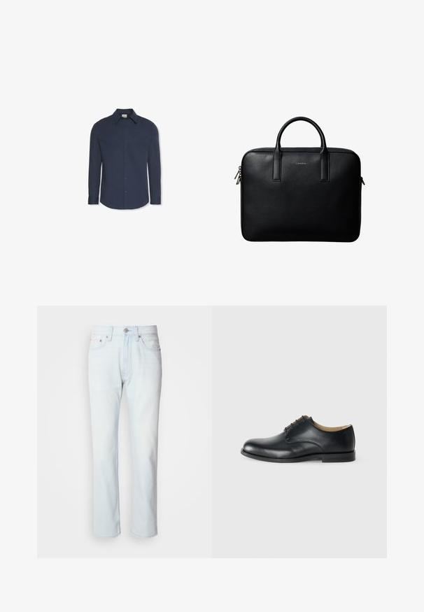Marineblaues Hemd mit langen Ärmeln, Knöpfen, Kragen und Manschetten, mit einem Calvin Klein Etikett im Kragen.; Hellblaue Jeans mit geradem Bein. Verfügt über einen Knopfverschluss und Gürtelschlaufen, präsentiert eine ausgebleichte Textur und minimale Nähte.; Calvin Klein ESS DERBY - Schnürer - triple black; Schwarze strukturierte Lederaktentasche mit zwei Griffen und silbernen Reißverschlussanhängern, zentriert auf weißem Hintergrund.