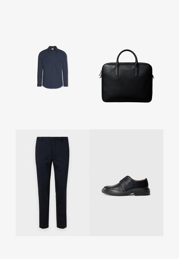 Camisa azul marino de manga larga con botones, cuello y puños, con una etiqueta de Calvin Klein dentro del cuello.; Pantalones oscuros de sarga navy, hechos de una tela suave, con frente plano, trabillas para cinturón y un diseño ajustado. Sin patrones ni acentos visibles.; Zapato oxford de cuero negro con punta redonda, cordones en la parte frontal y tacón bajo y apilado sobre un fondo claro y liso.; Maletín de cuero negro texturizado con doble asa y tiradores de cremallera plateados, centrado sobre fondo blanco.