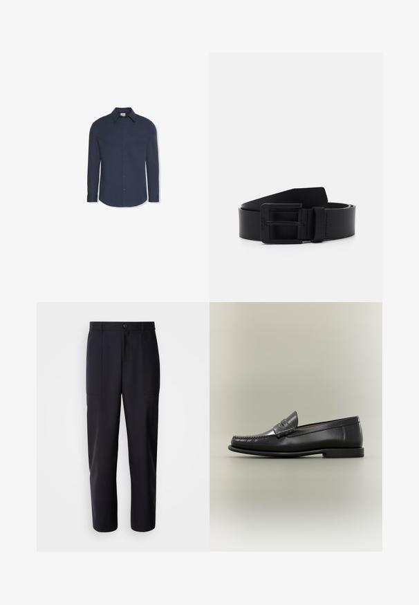 Camisa azul marino de manga larga con botones, cuello y puños, con una etiqueta de Calvin Klein dentro del cuello.; Pantalones oscuros de navy, confeccionados en un tejido suave, con un diseño de pierna recta, dos bolsillos laterales y un cierre de botón en la cintura.; Mocasín de hombre de cuero negro con diseño moc-toe, tira de tipo penny y tacón bajo sobre fondo neutro.; Cinturón de cuero negro con un acabado mate, que presenta una hebilla metálica rectangular y una textura suave. Diseño simple sin patrones ni acentos.
