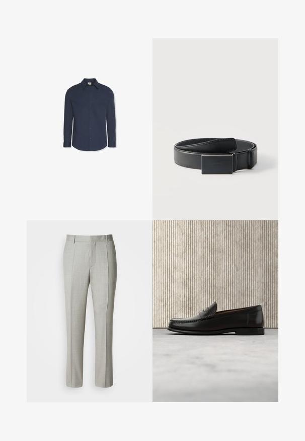 Marineblaues Hemd mit langen Ärmeln, Knöpfen, Kragen und Manschetten, mit einem Calvin Klein Etikett im Kragen.; Hellgraue, maßgeschneiderte Hose aus glattem Stoff mit geradem Schnitt, vorderen Abnähern und klassischem Bund mit Gürtelschlaufen.; Schwarzer Pennyloafer aus Leder mit niedrigem Absatz, abgerundeter Spitze und genähten Details vorne und an den Seiten, gezeigt vor neutralem Hintergrund.; Schwarzer Ledergürtel, aufgerollt mit einer rechteckigen mattschwarzen Schnalle und dezent geprägt mit Logo auf weißem Hintergrund.