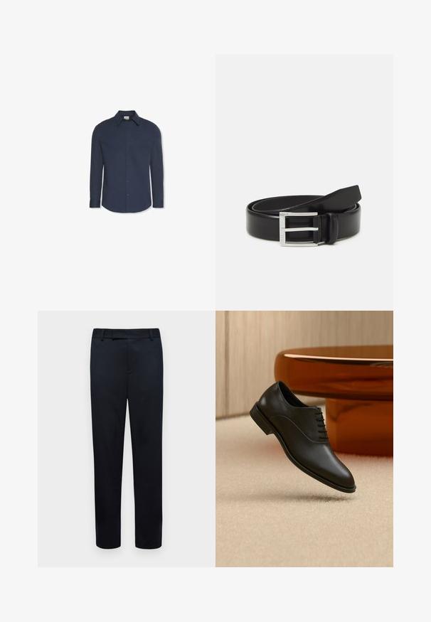 Marineblaues Hemd mit langen Ärmeln, Knöpfen, Kragen und Manschetten, mit einem Calvin Klein Etikett im Kragen.; Schwarze Hose mit maßgeschneidertem Schnitt. Verfügt über eine glatte Textur, Gürtelschlaufen und offene Fronttaschen. Gerades Bein Design.; Schwarzer polierter Lederschnürschuh über beigem Teppich schwebend, mit großem rundem bernsteinfarbenem Glastisch im Hintergrund.; Schwarzer Leder-Gürtel mit glänzender Oberfläche; ausgestattet mit einer silbernen Metallschnalle im rechteckigen Rahmendesign und glatten Kanten.