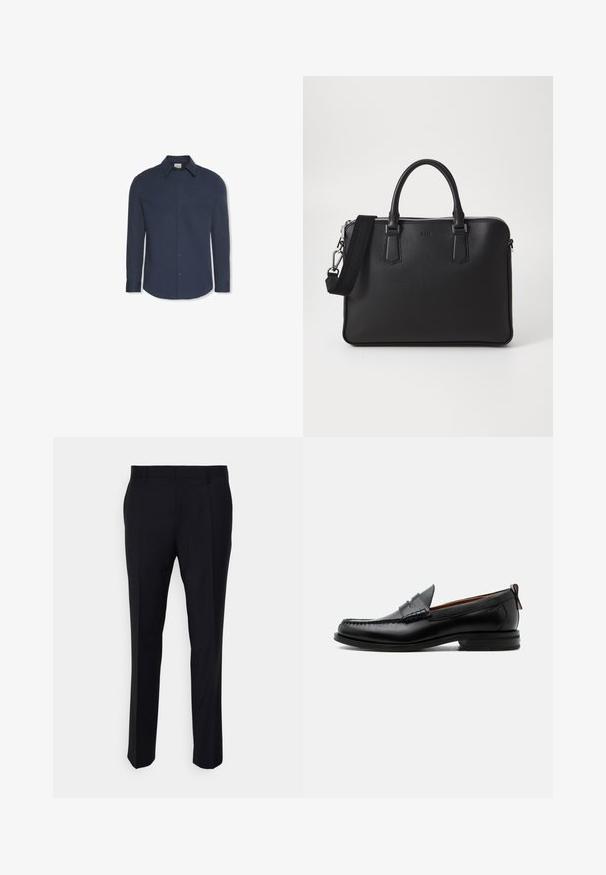 Camisa azul marino de manga larga con botones, cuello y puños, con una etiqueta de Calvin Klein dentro del cuello.; Pantalones negros confeccionados en tela tejida, con un corte ajustado, frente plano, bolsillos laterales y un diseño de pierna recta.; Mocasín de hombre de piel negra con costura moc toe, tira penny, cuello texturizado y tacón bajo apilado sobre fondo blanco.; Bolso de cuero negro con superficie texturizada, dos asas y una correa para el hombro desmontable. Presenta cremalleras plateadas y elementos de diseño minimalistas.