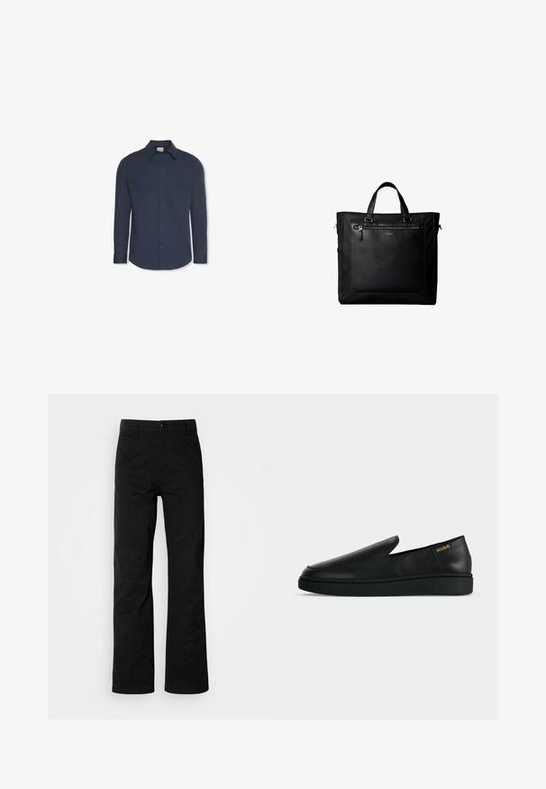 Marineblaues Hemd mit langen Ärmeln, Knöpfen, Kragen und Manschetten, mit einem Calvin Klein Etikett im Kragen.; Schwarze Baumwollhosen mit geradem Bein, ausgestattet mit einem Knopfverschluss und Gürtelschlaufen. Glatte Textur und minimalistischer Stil ohne sichtbare Muster.; HUGO NESTON SLON - Slipper - black; Schwarze Tragetasche mit Doppelgriffen, großer vorderer Ledertasche mit Reißverschluss und dezentem Calvin Klein-Logo in der Mitte der Tasche.