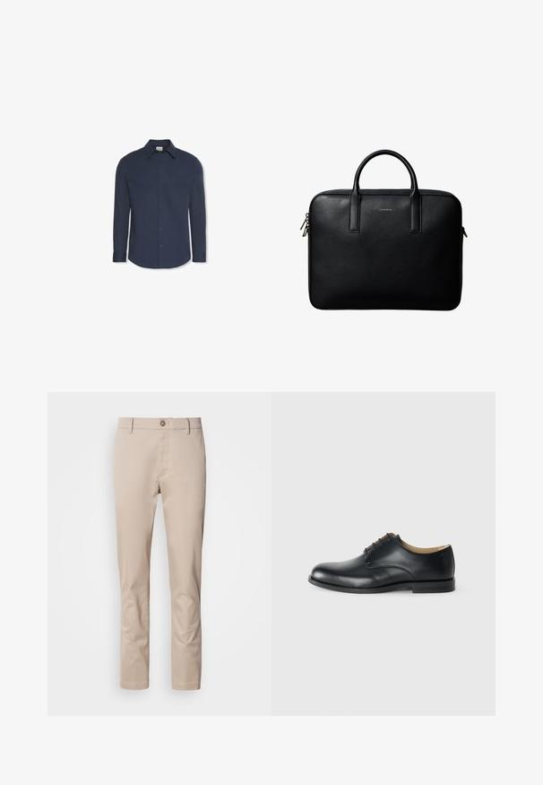 Marineblaues Hemd mit langen Ärmeln, Knöpfen, Kragen und Manschetten, mit einem Calvin Klein Etikett im Kragen.; Beige Baumwoll-Chinos mit geradem Schnitt, Gürtelschlaufen, einem einzelnen vorderen Knopf und einer glatten, untexturierten Oberfläche. Keine Taschen sind sichtbar.; Calvin Klein ESS DERBY - Schnürer - triple black; Schwarze strukturierte Lederaktentasche mit zwei Griffen und silbernen Reißverschlussanhängern, zentriert auf weißem Hintergrund.