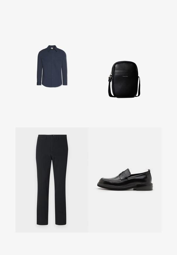 Navyblauw hemd met lange mouwen, knopen, kraag en manchetten, met een Calvin Klein-label aan de binnenkant van de kraag.; Zwarte rechte broek gemaakt van gladde stof. Bevat een sluiting met een knoop aan de voorkant, riemlussen en twee zijzakken.; Calvin Klein MOCCASIN - Zakelijke loafers - black; Zwart gestructureerde leren compacte crossbodytas met voorste stiksels en "Calvin Klein"-logo, met een verstelbare schouderband.