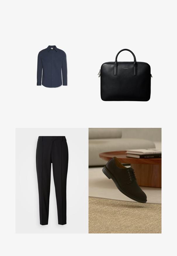 Marineblaues Hemd mit langen Ärmeln, Knöpfen, Kragen und Manschetten, mit einem Calvin Klein Etikett im Kragen.; Calvin Klein PULL ON - Stoffhose - black; Schwarzer Leder-Schnürschuh, der über einem beige strukturierten Teppich schwebt, mit einem Holzcouchtisch und gestapelten Büchern im Hintergrund.; Schwarze strukturierte Lederaktentasche mit zwei Griffen und silbernen Reißverschlussanhängern, zentriert auf weißem Hintergrund.