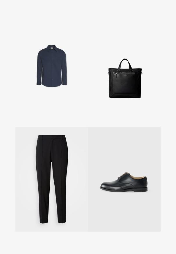 Camisa azul marino de manga larga con botones, cuello y puños, con una etiqueta de Calvin Klein dentro del cuello.; Calvin Klein PULL ON - Pantalones - black; Calvin Klein ESS DERBY - Zapatos de vestir - triple black; Bolsa tote negra con asas dobles, gran bolsillo delantero de cuero con cremallera y sutil logo de Calvin Klein en el centro del bolsillo.