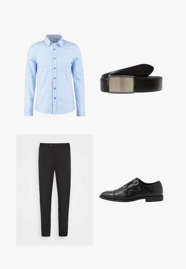 Light blue long-sleeve dress shirt with dark buttons and a checkered inner collar, buttoned down the front.; Black, tailored pants with a straight-leg design, front pockets, and a button closure. Made of smooth fabric with a slight sheen.; Black leather monk strap shoe with two silver buckles, toe cap design, round toe, and low-profile rubber sole. Smooth texture, sleek silhouette.; Black leather belt with a wide strap and a rectangular, brushed metal buckle featuring a smooth finish and a small logo detail.