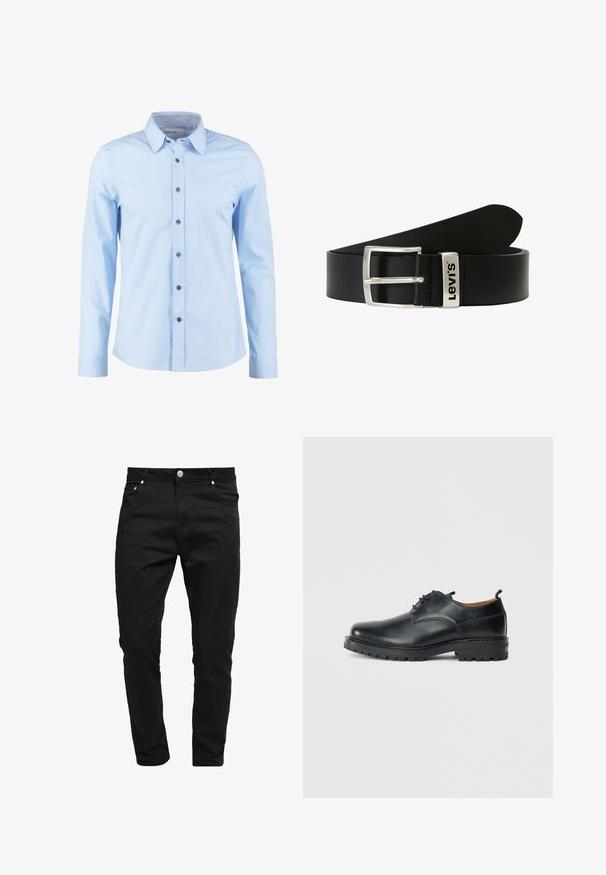 Lyseblå skjorte med lange ærmer, mørke knapper og ternet indvendig krave, knappet foran.; Sorte jeans lavet af denimstof, slim fit design, fem-lomme stil, metal knaplukning, med syninger og en glat tekstur.; Sorte læder derby-sko med en glat overflade, rund tå, snøre-design og en tyk, robust gummisål.; Sort læderbælte med en sølvfarvet metalspænde, der har et brandlogo. Designet er enkelt med en glat tekstur og lige, tilspidsede ender.