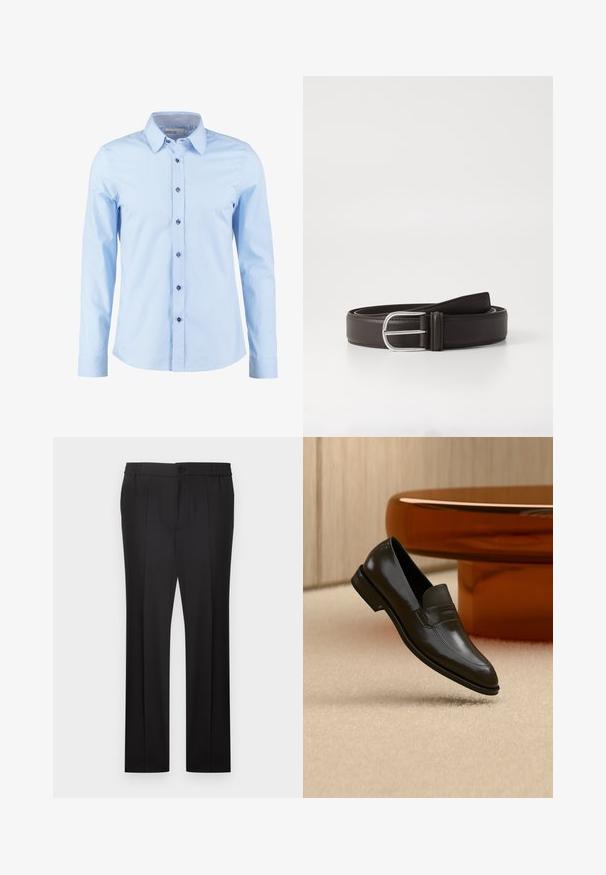 Chemise habillée bleu clair à manches longues avec des boutons foncés et un col intérieur à carreaux, boutonnée devant.; Pantalon habillé noir avec plis sur le devant, fermeture à bouton et zip, et une partie de la ceinture élastiquée.; Mocassin en cuir noir au design élégant, doté d'une bande texturée et d'une finition lisse. Présenté sur un fond doux et clair.; Ceinture en cuir marron avec une boucle rectangulaire en argent, texture lisse et bout arrondi, conçue pour un ajustement réglable.