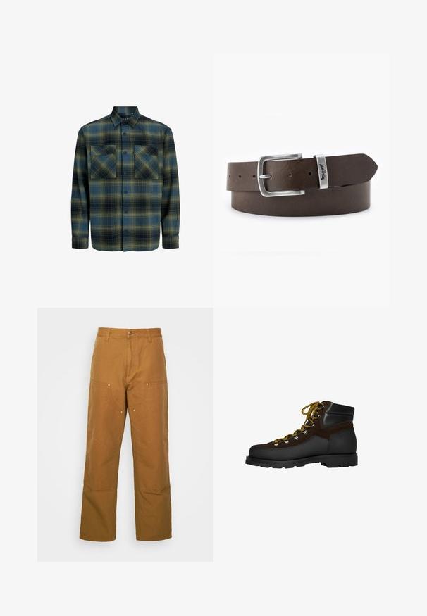 Chemise en flanelle à carreaux vert foncé et bleu marine. Dotée d'un col boutonné, de deux poches thoraciques et de manches longues avec poignets à boutons.; Pantalons utilitaires en coton marron avec une coupe droite, dotés de poches avant et d'accents en métal pour une durabilité accrue.; Botte de randonnée en daim marron et cuir noir avec lacets jaunes, œillets métalliques et semelle noire robuste. Conception mi-haute pour un maintien optimal.; Ceinture en cuir marron avec une boucle en métal argenté, de forme rectangulaire, comportant plusieurs trous d'ajustement pour la taille.