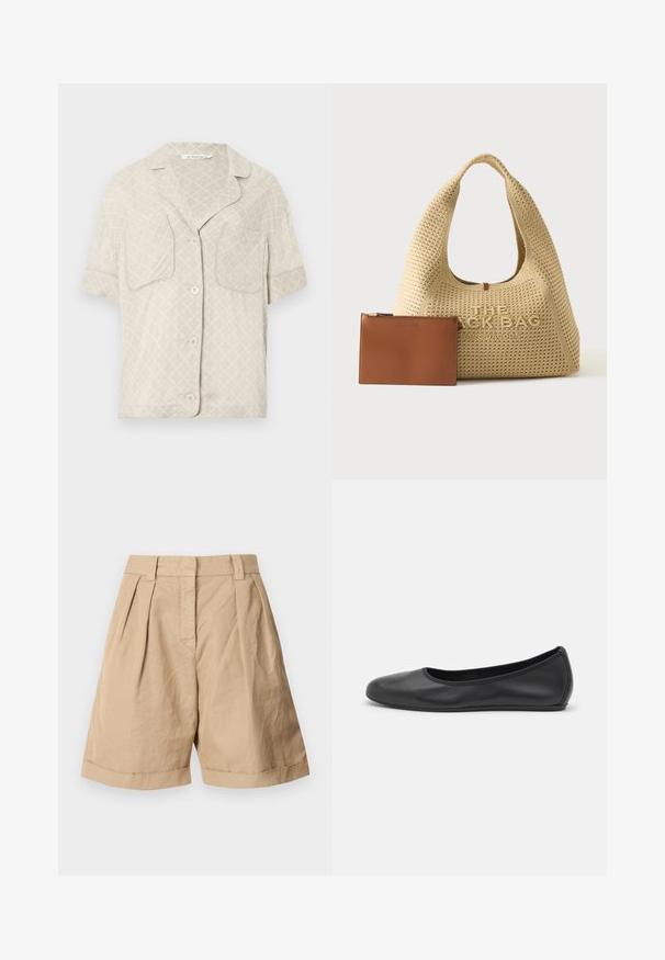 Chemise à manches courtes boutonnée en beige clair avec un motif en losange, deux poches poitrine et un col en V. Texture de tissu lisse.; Shorts en lin beige avec une taille haute, deux plis à l'avant et des ourlets roulés. Texture lisse avec un design ajusté.; Ballerines en cuir noir avec un bout rond, texture lisse, détails de couture minimalistes et design de semelle flexible.; Sac à main tissé beige Marc Jacobs avec grande poignée et nom de marque embossé, à côté d'une petite pochette en cuir marron avec fermeture éclair.