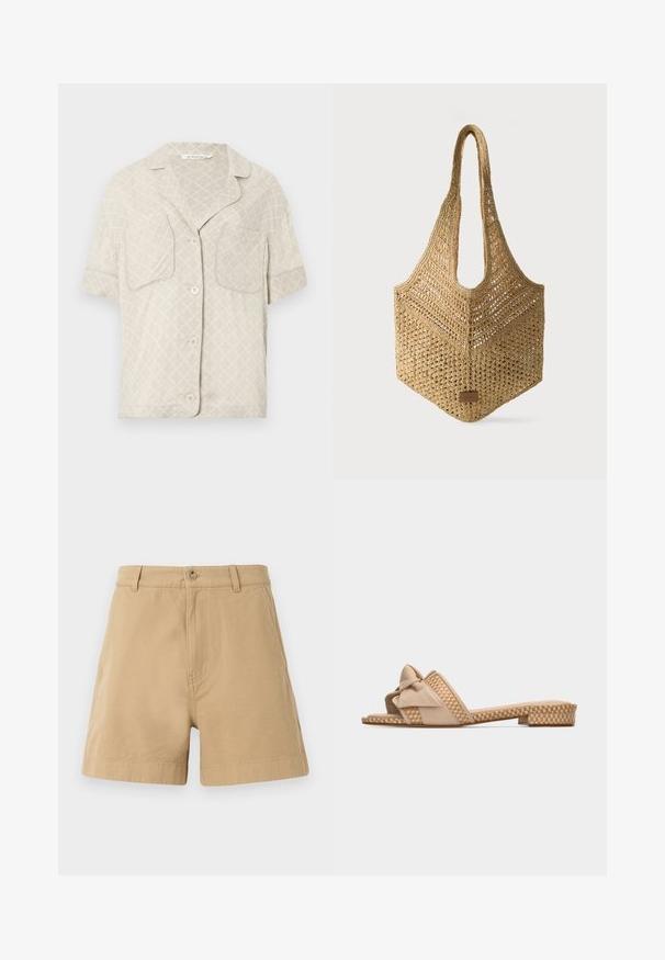 Kortærmet skjorte med knaplukning i lys beige med diamantmønster, to brystlommer og slå-krave. Glat stofstruktur.; Beige shorts lavet af bomuld, med et klassisk design, der har en frontknaplukning og bæltestropper. Glat tekstur med sidelommer.; Beige flad sandal med flettet mønster på sålen og rem, med en knyttet blød stofsløjfe foran.; Vævet beige mulepose med lange håndtag, åbenvævet mønster og en lille rektangulær læderlabel nederst foran.