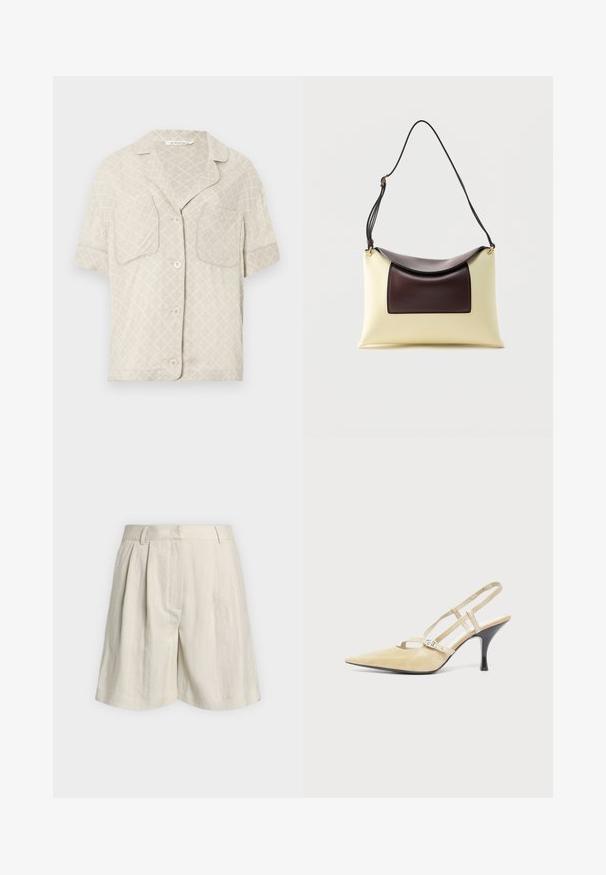 Chemise à manches courtes boutonnée en beige clair avec un motif en losange, deux poches poitrine et un col en V. Texture de tissu lisse.; Short beige taille haute avec passants de ceinture, plis devant et coupe large aux jambes, présenté sur un fond clair uni.; Escarpin slingback beige à bout pointu avec fines brides et boucle argentée sur un talon aiguille noir de hauteur moyenne sur fond blanc.; Sac à bandoulière en cuir crème et marron foncé avec rabat incurvé et sangle noire ajustable sur fond blanc.
