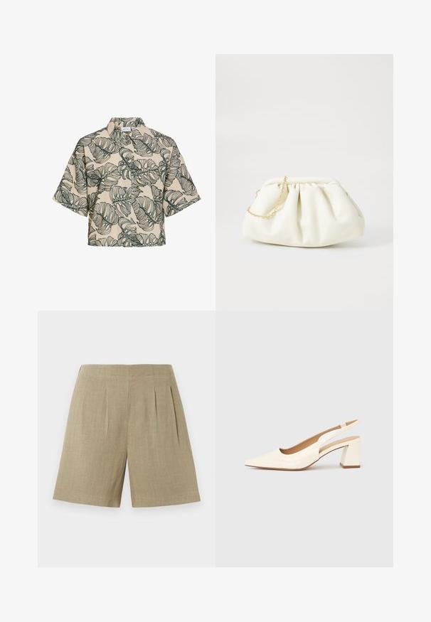 Chemise beige à manches courtes boutonnée, imprimé de grandes feuilles tropicales vertes et col montant.; Shorts beige taille haute, cintrés avec plis devant et une ceinture lisse, confectionnés dans un tissu texturé léger.; Escarpin slingback en cuir verni crème brillant, avec un bout pointu et un talon carré épais pour la stabilité. Design minimaliste, sans ornements.; Sac à main en cuir blanc avec un design plissé, doté d'une bandoulière en chaîne dorée et d'une forme arrondie. Texture lisse avec des plis doux et sans motifs.