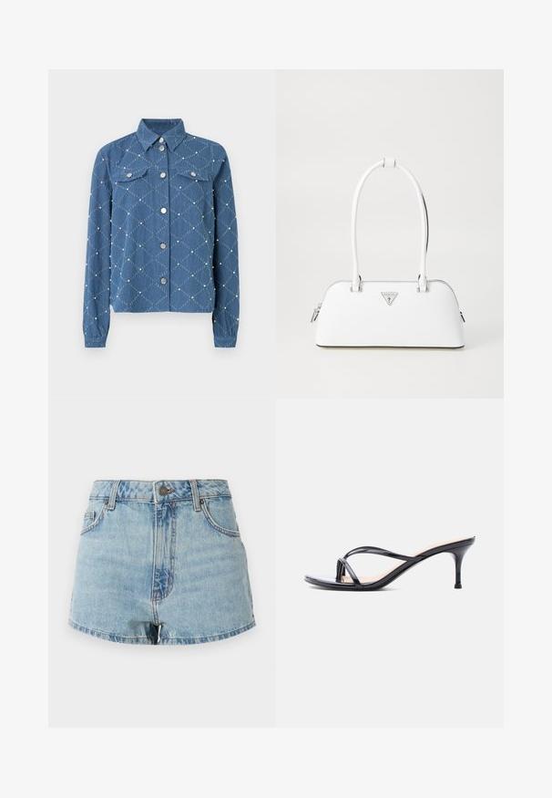 Veste en denim avec un motif en losanges, de couleur bleu clair, boutons pression métalliques, deux poches poitrine et accents texturés de petites perles blanches.; Shorts en denim bleu clair avec un ourlet effiloché. Présente une fermeture à bouton, des passants de ceinture et des poches avant. Texture usée avec des zones décolorées.; Sandale à talon en cuir verni noir avec fines lanières croisées et talon aiguille moyen et élancé sur fond blanc.; Sac à main en cuir blanc avec une forme courbée, présentant un logo triangulaire argenté et une fermeture à glissière. Texture lisse et doubles poignées.