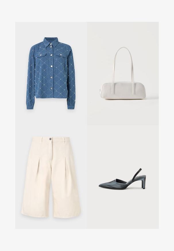 Veste en denim avec un motif en losanges, de couleur bleu clair, boutons pression métalliques, deux poches poitrine et accents texturés de petites perles blanches.; Shorts plissés beiges en coton. Dotés d'une fermeture à bouton et de jambes larges. Texture lisse avec des détails de couture soignés.; Escarpin noir à bride arrière avec un bout pointu, une finition satinée élégante et un talon fin de 7,5 cm. Design latéral ouvert avec des détails de couture minimalistes.; Sac d'épaule rectangulaire blanc avec des bretelles longues et fines, couture minimale, et fermeture éclair sur un fond uni.