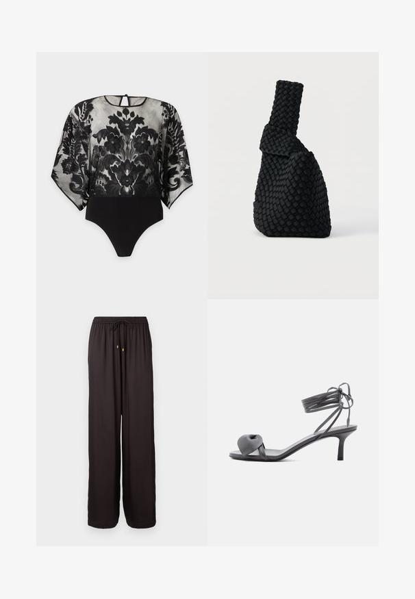 Body negro transparente con estampado de encaje floral en las mangas largas y la parte superior del cuerpo, parte inferior negra sólida y pequeño cierre con botón en la espalda.; Pantalones negros holgados con cintura elástica y cordón con puntas en tono dorado, de largo completo y corte recto.; Sandalia de tacón de cuero gris con tira anudada en los dedos y cordones que se envuelven alrededor del tobillo, sobre un tacón delgado de altura media, sobre fondo blanco.; Bolso tejido negro con un diseño asimétrico, que presenta una superficie texturizada y un asa alta y estrecha. Sin herrajes ni adornos visibles.
