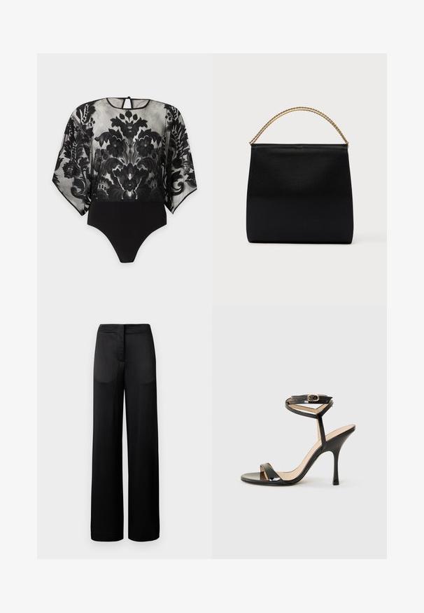 Body negro transparente con estampado de encaje floral en las mangas largas y la parte superior del cuerpo, parte inferior negra sólida y pequeño cierre con botón en la espalda.; Pantalones negros de pierna ancha con una superficie texturada, que cuentan con una cintura plana y dos bolsillos laterales. La tela parece ligera y fluida.; Sandalia de tacón alto de charol negro con tira delgada en el tobillo y hebilla, punta abierta y tacón aguja esbelto sobre fondo blanco.; Bolso negro de tela suave, con forma estructurada, asa de cadena dorada y diseño geométrico minimalista.