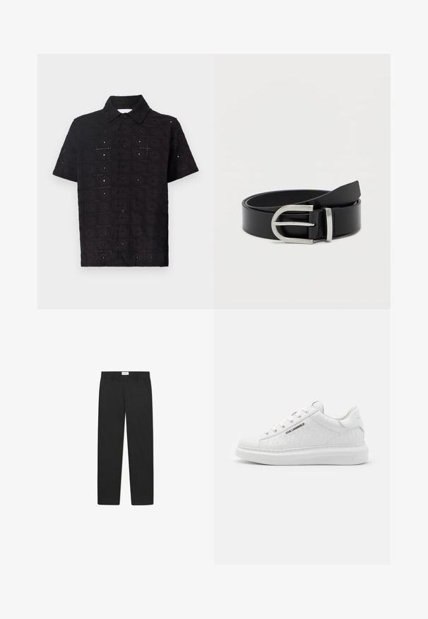 Camisa de manga corta negra hecha de tela texturizada, con un patrón floral bordado y un cuello con botones.; Pantalones negros con un diseño de pierna recta, hechos de una tela de textura suave, que cuentan con dos bolsillos frontales y una cinturilla estándar.; Zapatilla blanca hecha de cuero suave con un patrón en relieve. Presenta punta redonda, cordones en la parte frontal y suela texturizada. Detalle del logo en plata en el lateral.; Cinturón de cuero negro con una textura suave, que presenta una hebilla de metal plateado y una forma rectangular clásica.