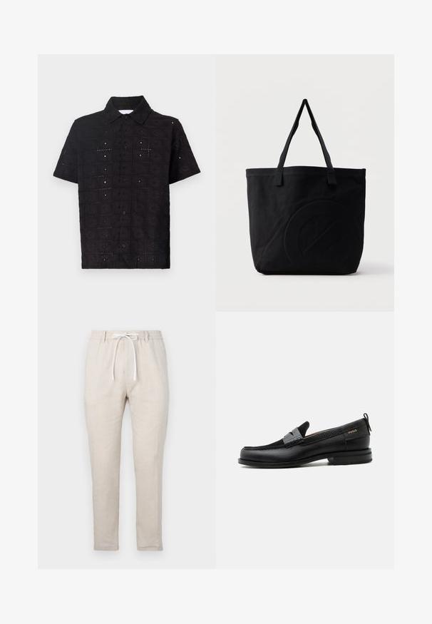 Camisa de manga corta negra hecha de tela texturizada, con un patrón floral bordado y un cuello con botones.; Pantalones de lino beige con corte relajado, cinturilla elástica y cierre con cordón. Diseño de pierna recta con una textura suave.; Mocasín de cuero negro con detalle de tira gris, tacón bajo y suela texturizada, con la marca "HUGO" en oro en el lateral.; Bolsa tote de lona negra con dos correas para el hombro y un diseño circular en relieve sutil en el frente.