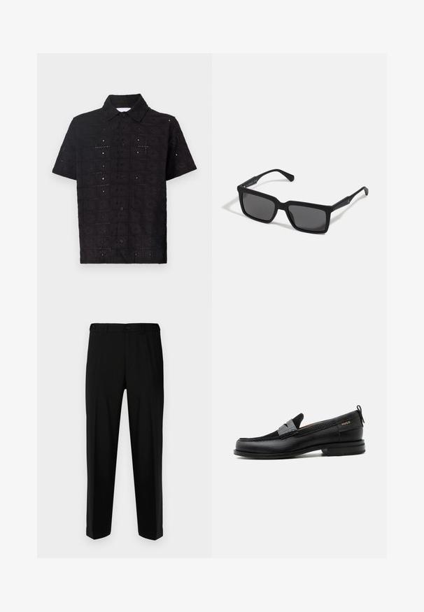 Camisa de manga corta negra hecha de tela texturizada, con un patrón floral bordado y un cuello con botones.; Pantalones negros de tela suave, con corte recto, dos bolsillos frontales y cremallera con cierre de botón.; Mocasín de cuero negro con detalle de tira gris, tacón bajo y suela texturizada, con la marca "HUGO" en oro en el lateral.; Gafas de sol negras con lentes rectangulares, acabado mate, montura gruesa y brazos delgados con un discreto detalle de marca.